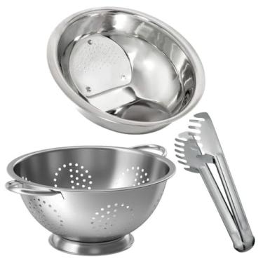 Imagem de Kit Cozinha Escorredor de Macarrão, Lavador de Arroz e Pegador de Massa Aço Inox 3 Peças - Quality House