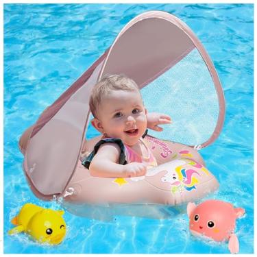 Imagem de Kiditos Boia de piscina para bebês, anel de natação infantil rosa inflável com cobertura solar destacável, 53 x 52 cm, proteção solar FPS 50 + UV, ótimo treinador de natação com cauda antiderrapante,