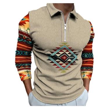 Imagem de Camisa polo masculina impressão 3D digital estampa asteca camiseta de golfe cor combinando com zíper frontal pulôver, Cáqui, XG