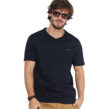 Imagem de Camiseta Calvin Klein Masculina V-Neck Logo Flamê Azul Marinho-Masculino