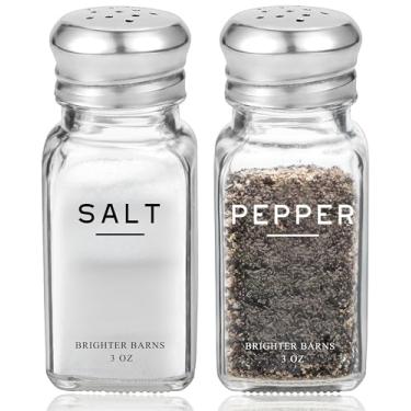 Imagem de Conjunto de saleiro e pimenteiro de vidro da Brighter Barns - Decoração de cozinha moderna, acessório de bancada de mesa de jantar - rústico, casa de fazenda, coqueteleiras de vidro vintage com tampas
