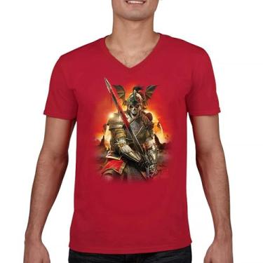 Imagem de Camiseta Apocalypse Reaper gola V Fantasia Esqueleto Cavaleiro com uma Espada Medieval Criatura Lendária Dragão Mago, Vermelho, 3G