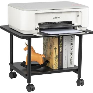 Imagem de Cakokow Suporte para impressora sob a mesa – Mesa de impressora móvel industrial de 2 camadas com prateleira de armazenamento, carrinho de impressora de madeira resistente com rodas para casa e