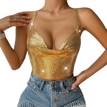 Imagem de Camiseta feminina sexy de lantejoulas metálicas frente única com decote em V profundo e costas nuas, Dourado, M