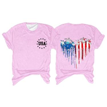 Imagem de Camiseta feminina bandeira americana 4th of July Shirts Stars Stripes Heart Graphic Túnica manga curta camiseta patriótica, rosa, G