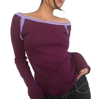 Imagem de Blusa feminina de manga comprida com ombro de fora Y2k cropped slim justa sólida básica camisetas casuais para sair, Roxo 2, G