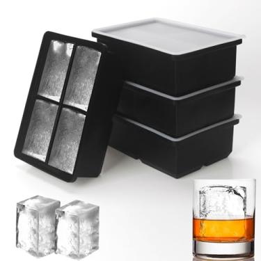 Imagem de Bandeja grande para cubos de gelo com tampa, pacote com 4 (nova versão 2024), 4 cubos empilháveis de silicone para cubos de gelo, molde de cubos de gelo de uísque para bourbon, coquetéis, petiscos de