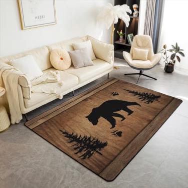 Imagem de Tapete de área de cabana de 150 cm x 200 cm x 1 cm com estampa de patas de animais selvagens, estampa de pata, tapete antiderrapante para crianças, adolescentes, adultos, retrô, listras de madeira,