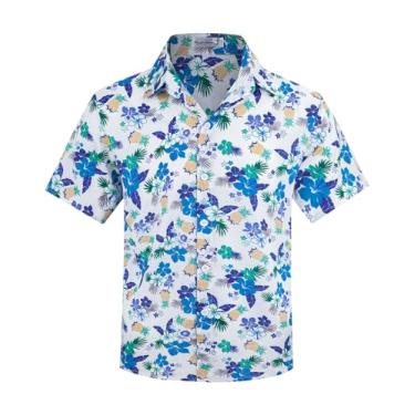 Imagem de KazzSail Camisa havaiana de botão para meninos manga curta, camisetas havaianas de verão para meninos de 7 a 14 anos, Flores brancas, 13-14 Anos