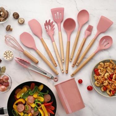 Imagem de Kit 12 Talheres Colheres De Silicone Utensílios de Cozinha Com Porta T