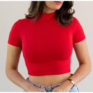 Imagem de Blusa cropped feminino básico canelado manga curta gola alta sem bojo 