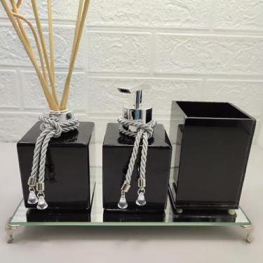 Imagem de Kit Lavabo Porta Sabonete Líquido Porta Escova Aromatizador Bandeja Es