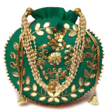 Imagem de Ekavya Bolsa Potli para joias e moedas, bolsa Potli Gota Patti Work Potli Bag Batwa Pearls Handle Purse Clutch para mulheres, Verde Rama, Medium