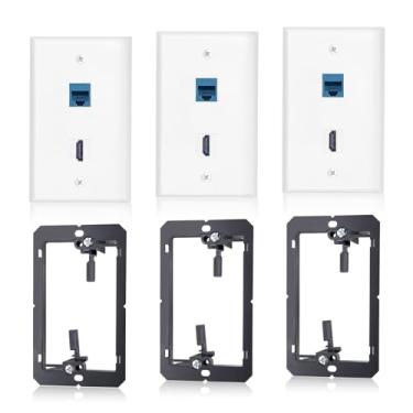 Imagem de Pacote com 3 placas de parede HDMI Ethernet, conector Keystone RJ45 Cat6 HDMI, tomada de parede Ethernet de 2 portas com suporte de montagem de baixa tensão, cabos ocultos atrás da parede