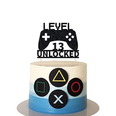 Imagem de Topo de bolo desbloqueado nível 13 topo de bolo de aniversário de 13 anos controle de videogame tema decorações de bolo suprimentos de festa