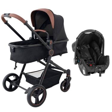 Imagem de Carrinho de Bebê Galzerano Ivy DUO Berço Passeio Moisés com Bebê Conforto Travel System Reclinável Leve Viagem 15 Kg Preto Caramelo Fecha com Uma Mão