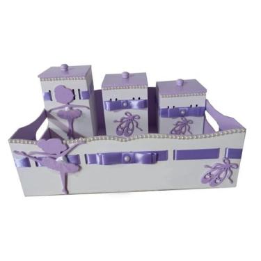 Imagem de Kit Higiene Bebê MDF 4 Peças Cesta Organizadora Bailarina Lilás - Cana