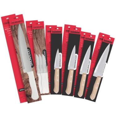 Imagem de Kit 6 Facas Aço Carbono e Inox Cozinha Churrasco Cabo Branco e Cabo Ma
