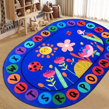 Imagem de USTIDE Tapete grande oval educativo infantil 12 x 18 cm, alfabeto ABC, educativo e divertido, tapete de sala de aula, antiderrapante, tapete de área de aprendizagem, para decoração de quarto de jogos