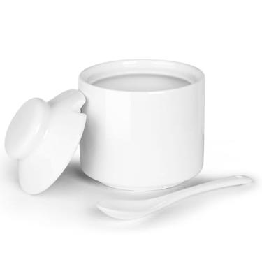 Imagem de HAOTOP Açucareiro de 227 g com tampa e colher, pote de açúcar de cerâmica, dispensador de açúcar, recipiente de açúcar, acessórios de barra de café, recipientes de bancada de cozinha (branco)