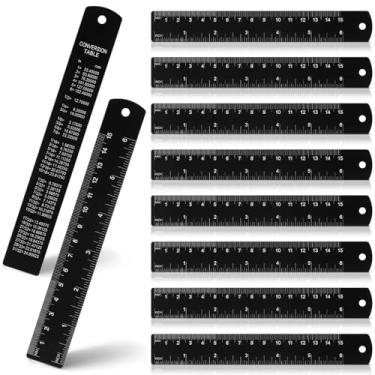 Imagem de Hicarer 10 régua de metal de 15 cm de aço inoxidável com medição métrica régua de borda reta de 15 centímetros com mesa de conversão de polegada a mm para estudantes, escritório, escola, maquinista e