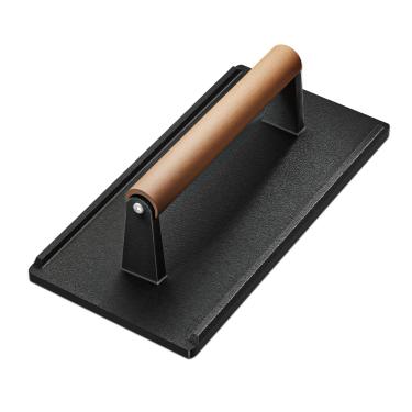 Imagem de Yoehka Prensa para grelha de ferro fundido - 1 peça, bacon/hambúrguer/grelha/prensa de chef com cabo de madeira, bife perfeitamente grelhado, carne, sanduíche, panini, 1 kg de peso de cozimento, retângulo (21 cm × 10 cm)