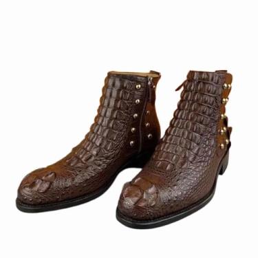 Imagem de Botas masculinas autênticas de couro de crocodilo exóticas 100% costuradas à mão, marrom Chelsea, couro de jacaré, couro de jacaré, cano alto, tênis masculino com zíper, Marrom, 41