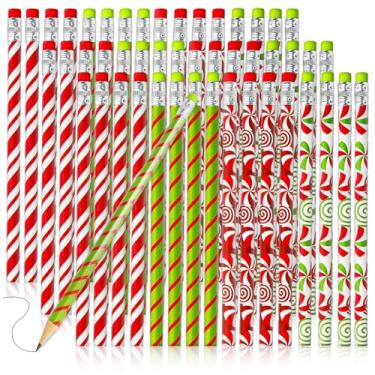 Imagem de Whaline 100 lápis de doces de Natal com borrachas lápis de escrita vermelho verde bengala doce madeira Natal inverno lápis para escola, empresa, escritório, papelaria, presente, 4 estilos