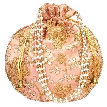 Imagem de Purpledip Bolsa Potli (embreagem, bolsa com cordão) para mulheres com fio dourado intrincado e trabalho bordado de lantejoulas, Vinhas prateadas