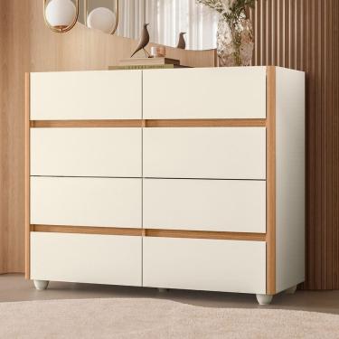 Imagem de Cômoda Aparador 08 Gavetas com Tampo de Vidro Incolor Off White/Freijó