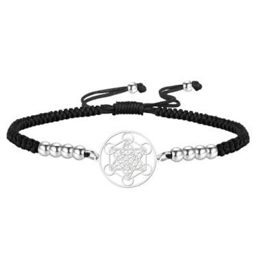 Imagem de UNIFT Pulseira Metatron's Cube para mulheres e homens, geometria de aço inoxidável, estilo vazado, pingente de círculo de anjo estrela de Davi, pingente de corda dupla, amuleto, joias, presentes, One