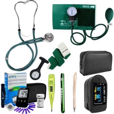 Imagem de Kit Enfermagem Completo Estetoscópio Esfigmomanômetro Oximetro Glicose