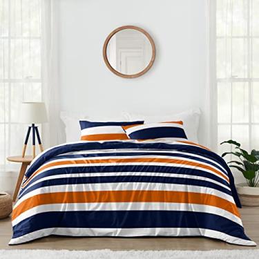 Imagem de Sweet Jojo Designs Conjunto de roupa de cama listrada, infantil, azul marinho, laranja e branco, 3 peças para adolescentes