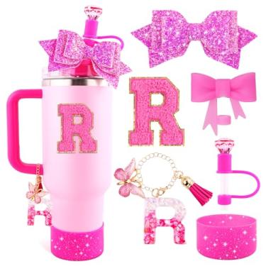 Imagem de Lingdeer Conjunto de acessórios de copo rosa rosa para copo Stanley de 850 g e 1,134 g com alça, pingentes de letras, capas de canudo de arco e diamante, bota de silicone com glitter, adesivo