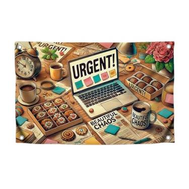 Imagem de Bandeiras Moments of Chaos de 9 x 1,5 m com citações com quatro argolas de latão - Banner legal Beautiful Chaos para decoração de parede - Bandeira de poliéster com imagem Laptop e café para interior
