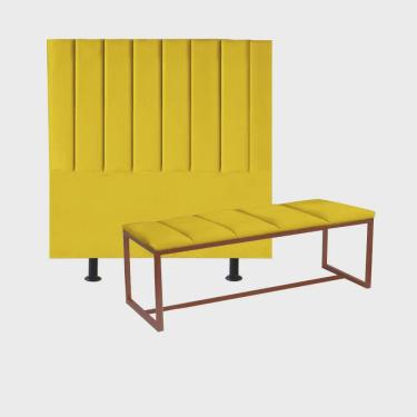 Imagem de Kit Cabeceira Carla e Calçadeira Industrial 160cm Queen Size Box Ferro Bronze Suede Amarelo - Ahz Móveis