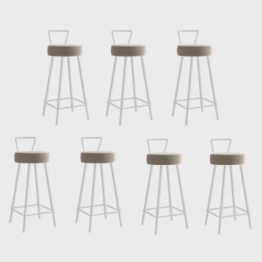 Imagem de Kit 07 Banqueta Alta Com Encosto Tais Eiffel Cozinha Bar Bistrô Ferro Branco Suede Bege - Ahz Móveis