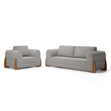 Imagem de Kit Poltrona E Sofá Bloom 220cm 03 Lugares Com Pés De Madeira Bouclê Cinza - Desk Design