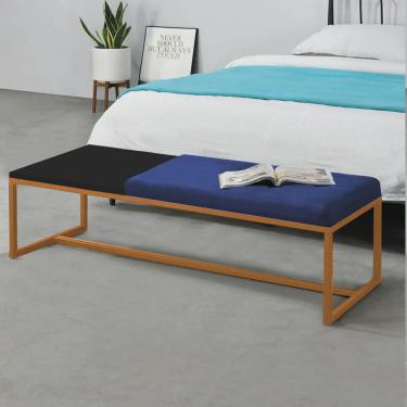 Imagem de Calçadeira Recamier Londres 195cm Industrial Bronze Suede Azul Marinho Tampo Quadrado mdf Preto - Ahz Móveis