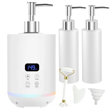 Imagem de Yofuly Aquecedor de óleo de massagem, loção corporal com luz ambiente, máquina aquecida com dois frascos dispensadores, kit de massagem terapêutica profissional com Gua Sha e rolo facial, branco