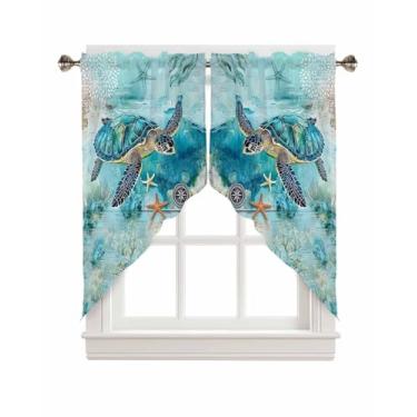 Imagem de BEMIGO Cortinas Swag para janelas, cortinas de janela de cozinha de tartarugas oceânicas de verão sobre a pia, verde-azulado com bolso para varão cortinas swag, 2 painéis de 91 cm de comprimento