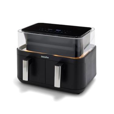 Imagem de GreenPan Fritadeira de ar dupla Clearview de 10 litros, janela transparente de 360°, gavetas e bandejas antiaderentes de cerâmica sem PFS, cozimento duplo, 12 predefinições, lembrete de agitação