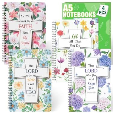 Imagem de Xqumoi Pacote com 4 cadernos espirais religiosos com cruz floral - cadernos com versículos da Bíblia, diário pautado com capa dura, cadernos de escrita inspiradores, presente de igreja de Natal