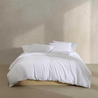 Imagem de Calvin Klein - Conjunto de edredom solteiro/solteiro GG, roupa de cama texturizada com capa combinando, reversível e resistente a rugas, certificado Oeko-TEX (branco Seersucker)