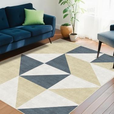 Imagem de Season wind Tapetes geométricos laváveis 12 x 18 cm, antiderrapante, moderno, abstrato, macio, grande, para sala de estar, entrada, quarto, casa de fazenda, azul e dourado