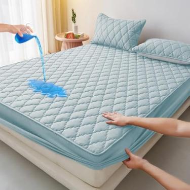 Imagem de Capa protetora de colchão elástica de algodão de cor sólida, capa de cama respirável para a pele, lençol de elástico macio, lavável na máquina, capa de colchão azul | Queen 150 x 200 cm