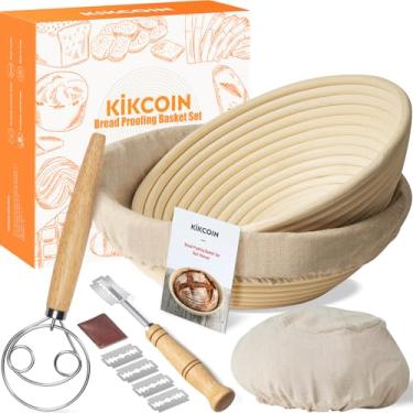 Imagem de Cesta à prova de pão, cesta à prova de pão Kikcoin Banneton, conjunto de 2, 23 e 25 cm, cesta redonda à prova de fermento com forro de linho, pão coxo