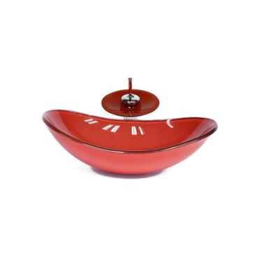 Imagem de Cuba de vidro oval 55cm  vermelho ferrari + valvula + torneira cascata