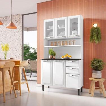 Imagem de Kit De Cozinha Compacta Branco Em Aço 6 Portas 3 Vidros 2 Gavetas Pratika