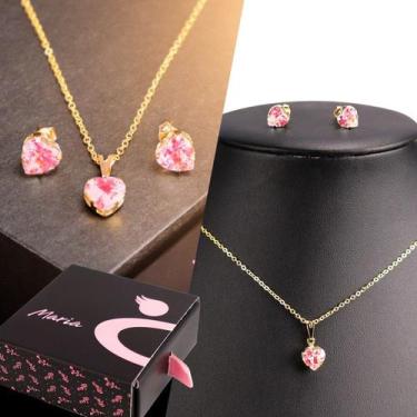 Imagem de Kit Colar Coracao dourada e brinco Coracao  Strass + caixa KCBZR - Ori